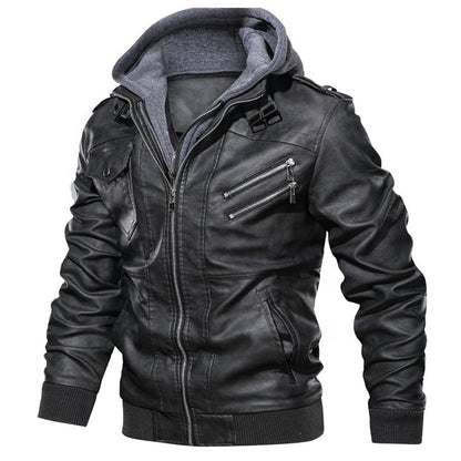 Autumn/Winter Men's Hooded PU Waterproof Leather Jacket Large Size Casual Leather Hiking Clothing Trend Young Motorcycle Wear