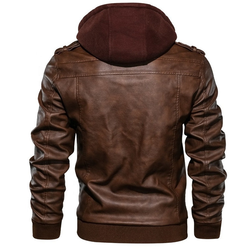 Autumn/Winter Men's Hooded PU Waterproof Leather Jacket Large Size Casual Leather Hiking Clothing Trend Young Motorcycle Wear