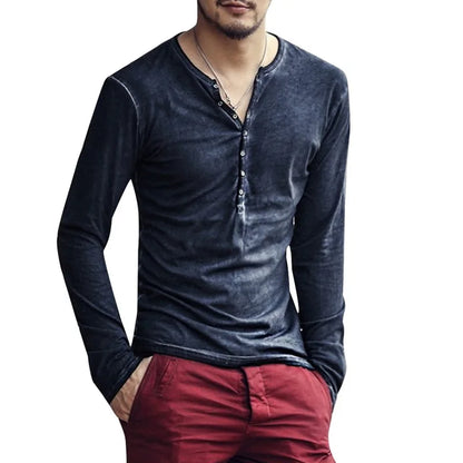 Men's Cotton V-Neck Long Sleeve Button Shirt Casual 5XL