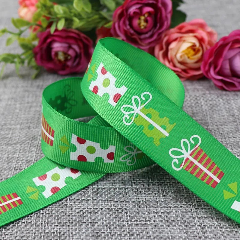 25mm 5 Yards Christmas Ribbon Printed Grosgrain Ribbon for Christmas Decoration Gift Wrapping Wedding Party DIY Hair Bows