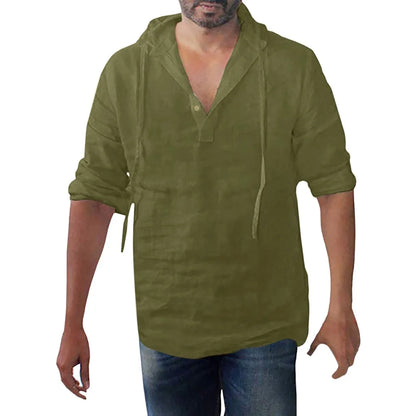 Men's Casual Cotton Linen Hooded Long Sleeve Shirt Plus Size