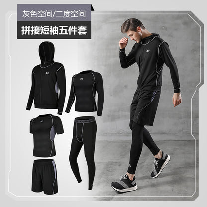 Dropshipping 5 Piece Men Workout Clothes Fitness Set Man Gym Basketball Sports Training Suit Wear