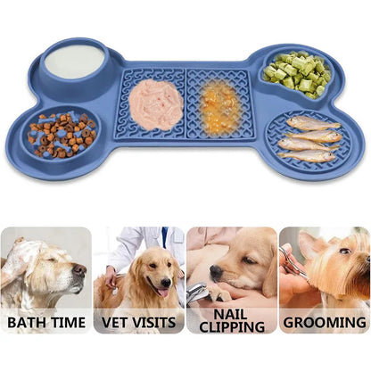 6 in 1 Dogs Slow Feeder Mat Bone Shape Dog Lick Mat Silicone Lick Mat Water Bowl With Suction