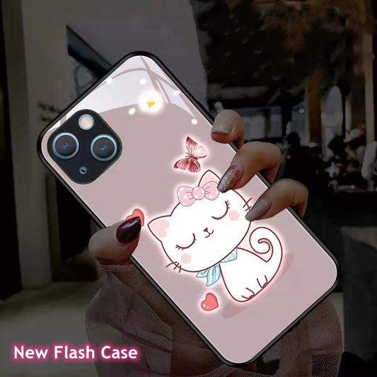 Luxury Cat Bee Butterfly Shockproof Glass Case for iPhone 7 8 Plus 1112 Pro X XS XR MAX Sound Acoustic Control Call Light Cover