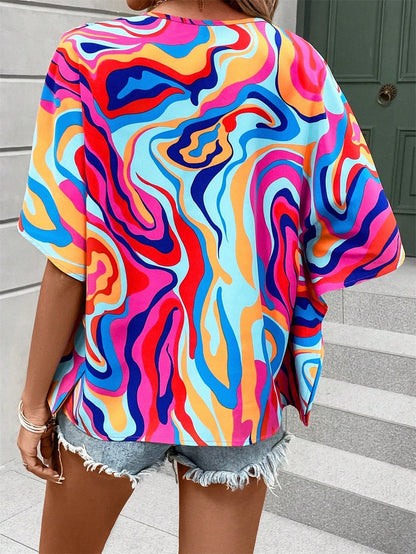 Boho Print V-Neck Short Sleeve Top – Summer Casual