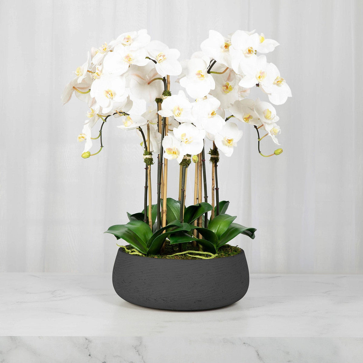 Faux White Orchid Arrangement in Matte Black Planter