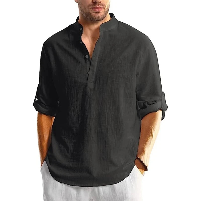 Men's Cotton Long Sleeve Henley Shirt Stand Collar Button Closure
