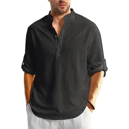 Men's Cotton Long Sleeve Henley Shirt Stand Collar Button Closure