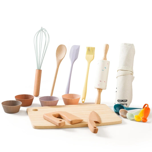 Baby Wooden Kitchenware Model Puzzle Toys Wooden Cutting Tool Silicone Spatula Playing House Toys Kids Education Montessori Toys