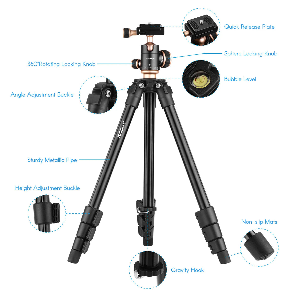 Andoer Q160SA Tripods Camera Tripod With Panoramic Ballhead Tripod for DSLR Digital Cameras Camcorder Canon Nikon Sony Camera