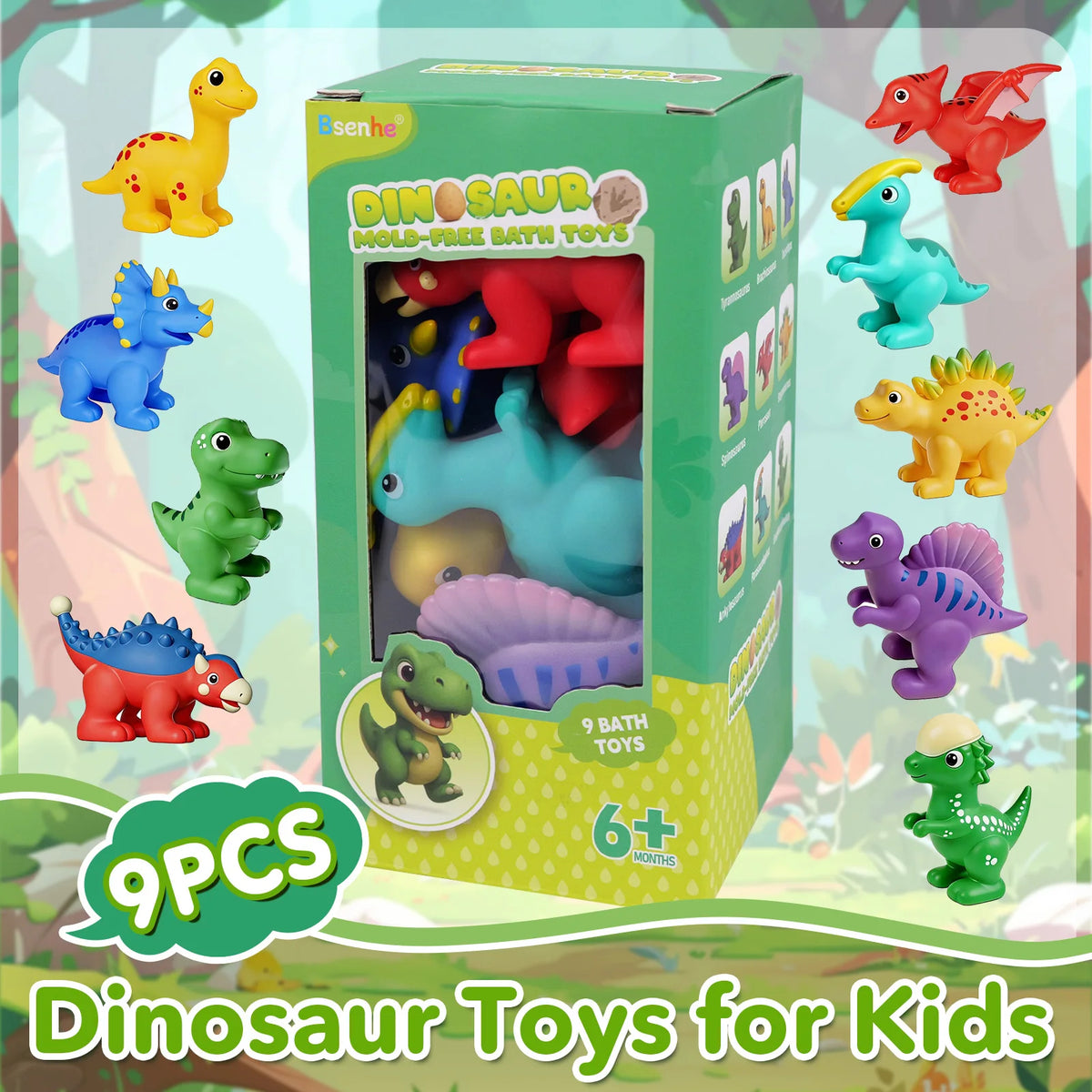 9pcs Mold-Resistant Dinosaur Toys Bathtub Shower Toys Bathing Water Play Toy for Kids Birthday Gifts