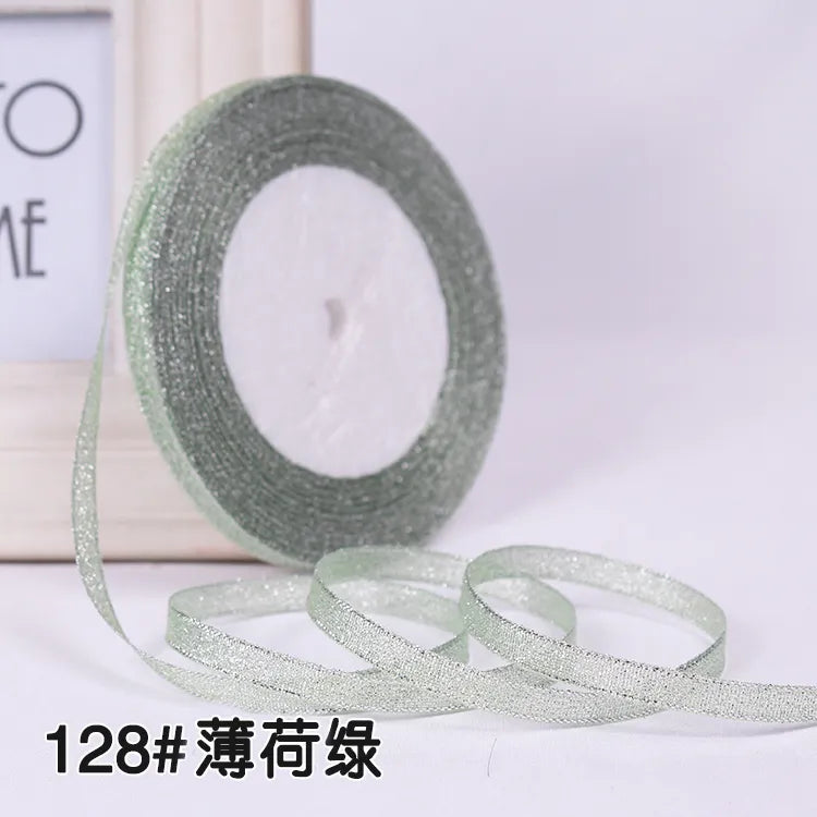 25Yards 6mm Silver Gold Glitter Silk Satin Ribbon Party Home Wedding Decoration Gift Wrapping Christmas Halloween DIY Material
