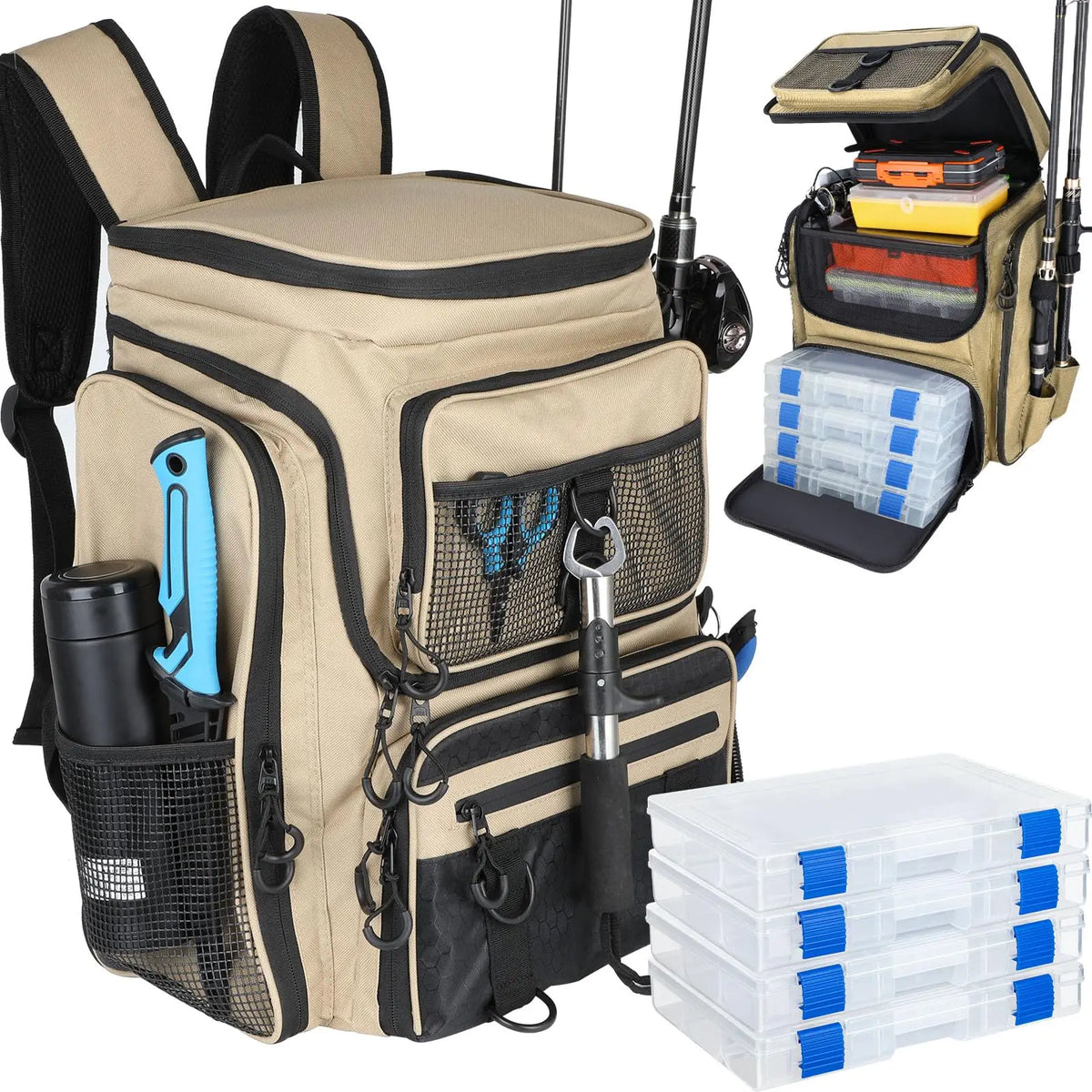 Fishing Backpack With Rod Holder 42L Large Water-Resistant Fishing Tackle Bag With 4 Tackle Boxes Store Fishing Gear for Fishing