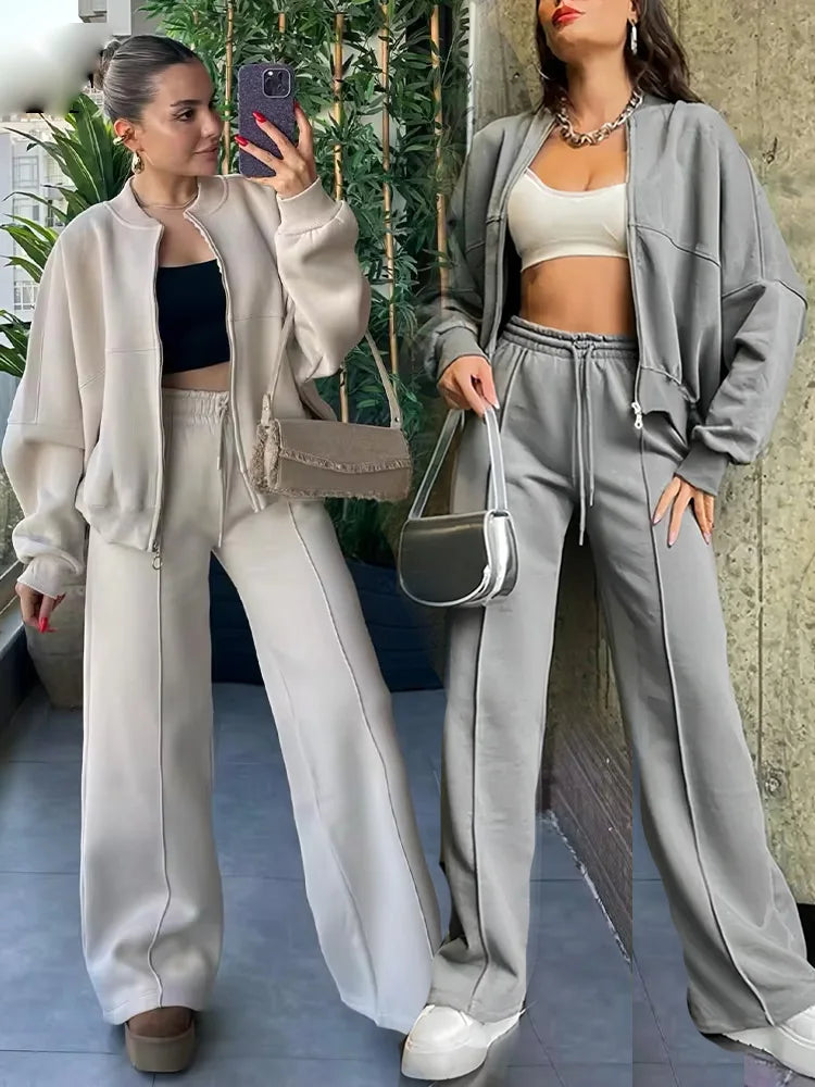 2024 Autumn Women's Thick Hoodie Coat + Drawstring High Waist Loose Casual Pants Set Lined Fleece Woman's Clothing Street