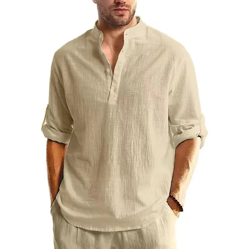 Men's Cotton Long Sleeve Henley Shirt Stand Collar Button Closure