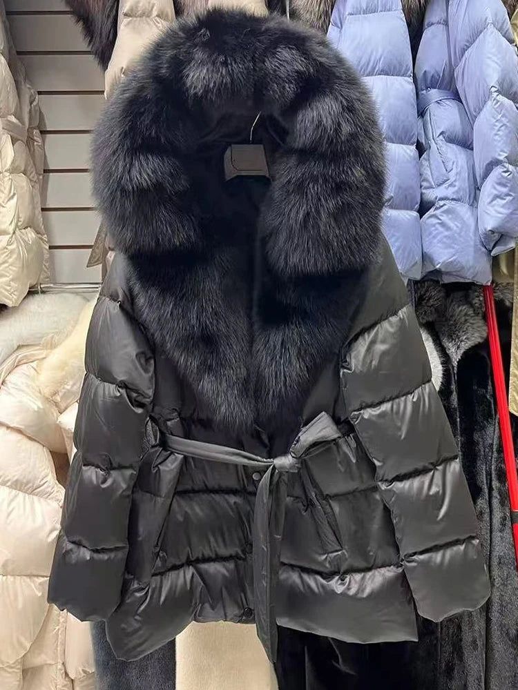 2025 New Natural Thick Warm 90% White Goose Down Coat Long Winter Jacket Women Real Big Fox Fur Collar Belt Loose Puffer Parka