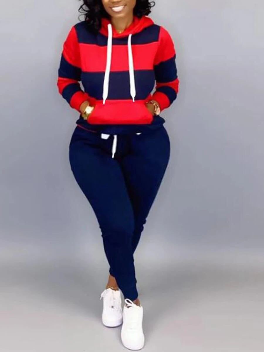 LW Plus Size Sporty Hooded Collar Striped Tracksuit Set Black White Patchwork Kangaroo Pocket Design Tracksuit Sportswear Set