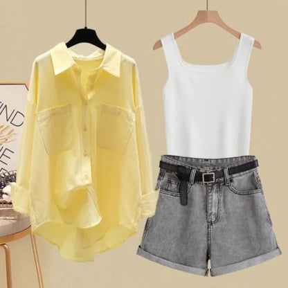 Spring/Summer Set Women's 2024 New Korean Fashion Sunscreen Shirt Casual Tank Top Slimming Denim Shorts Three Piece Set