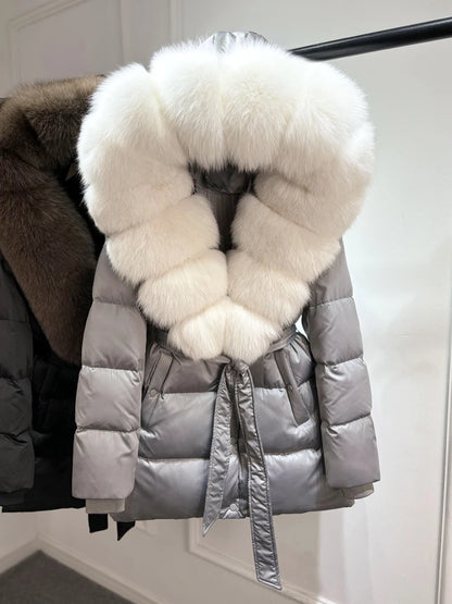 2025 New Natural Thick Warm 90% White Goose Down Coat Long Winter Jacket Women Real Big Fox Fur Collar Belt Loose Puffer Parka