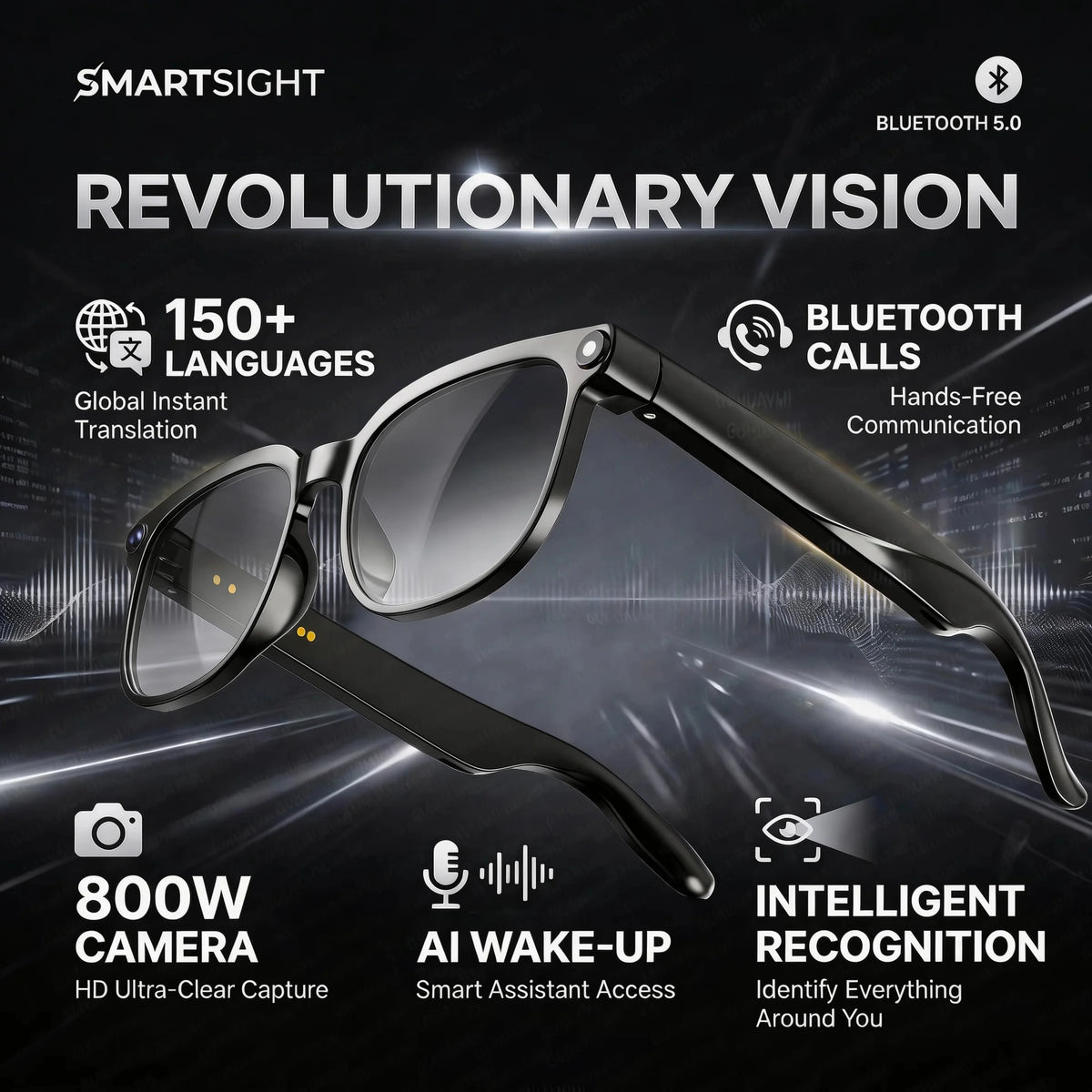 Smart Glasses with 8MP HD Camera, 4K Video, Bluetooth, and Multilingual