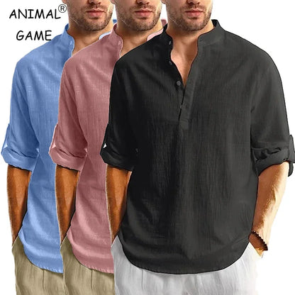 Men's Cotton Long Sleeve Henley Shirt Stand Collar Button Closure