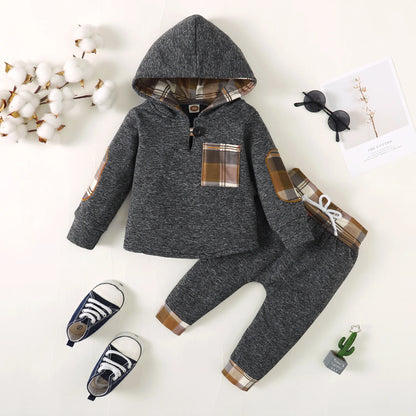 Winter Toddler  Boy    Hoodie Clothes  Baby  Outfits, Little Boys Plaid  Spliced  Long-Sleeved  With  Pants  2PCS  Clothing  Set
