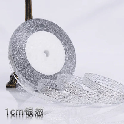 25Yards 6mm Silver Gold Glitter Silk Satin Ribbon Party Home Wedding Decoration Gift Wrapping Christmas Halloween DIY Material