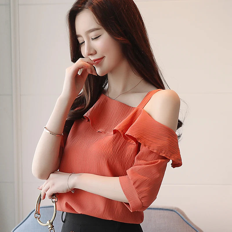 Women's Shirt Tops One-Shoulder Ruffles Short-Sleeved Chiffon Blouse