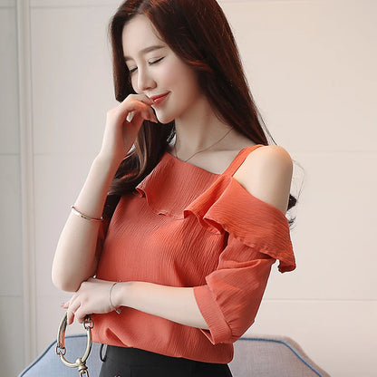 Women's Shirt Tops One-Shoulder Ruffles Short-Sleeved Chiffon Blouse