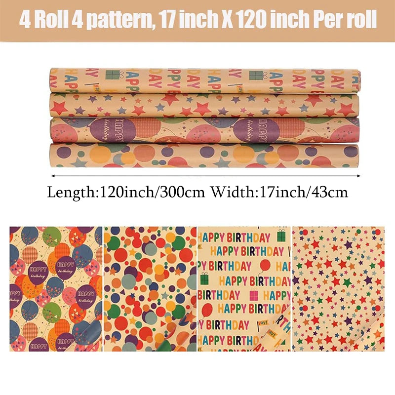 1 Roll 17 Inch X 120 Inch Birthday Wrapping Paper, Gift Wrapping Paper Roll, Kraft Wrapping Paper
