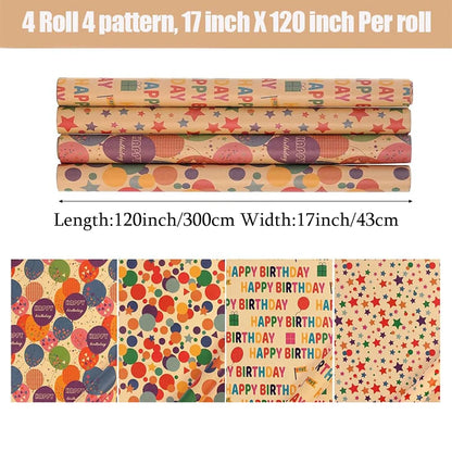 1 Roll 17 Inch X 120 Inch Birthday Wrapping Paper, Gift Wrapping Paper Roll, Kraft Wrapping Paper
