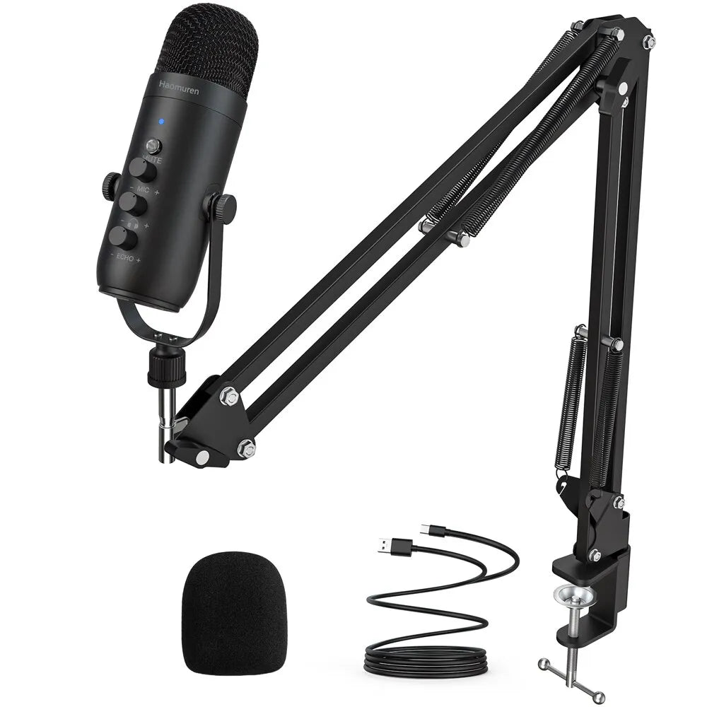 Haomuren Professional USB Streaming Podcast PC Microphone Studio Cardioid Condenser Mic Kit With Boom Arm for Recording YouTube