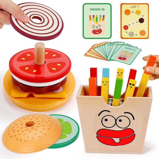 Montessori Toy for Kids,Wooden Hamburger Sandwich French Fries Sorting Stacking Toys, Preschool Learning Pretend Play Food Toy