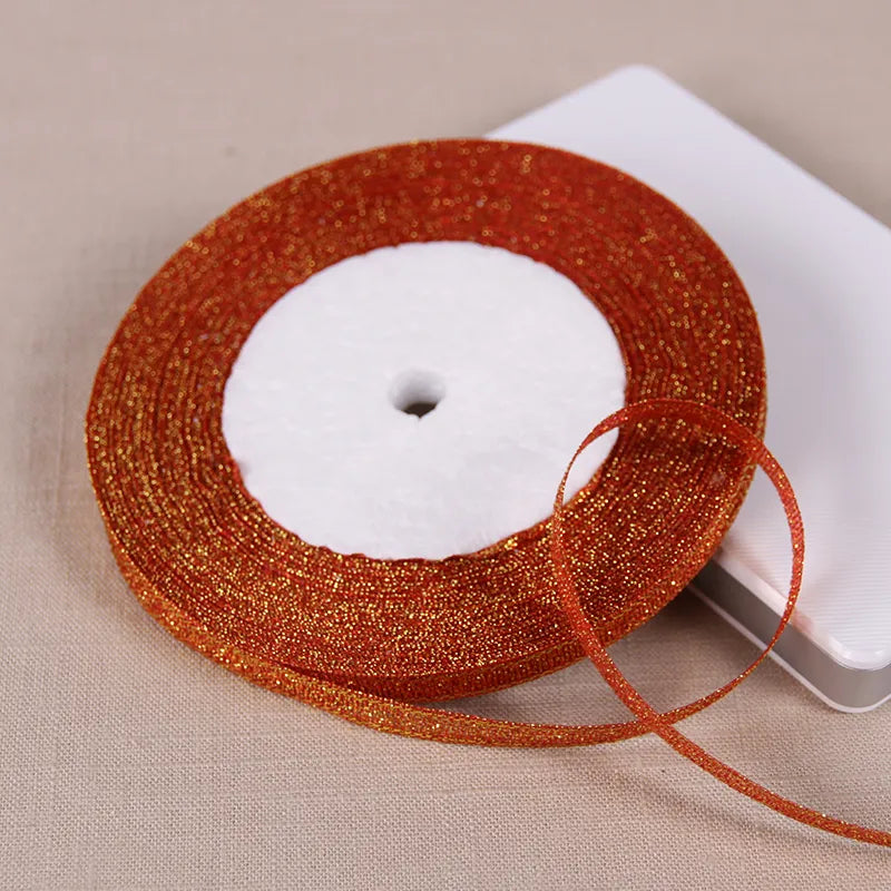 25Yards 6mm Silver Gold Glitter Silk Satin Ribbon Party Home Wedding Decoration Gift Wrapping Christmas Halloween DIY Material