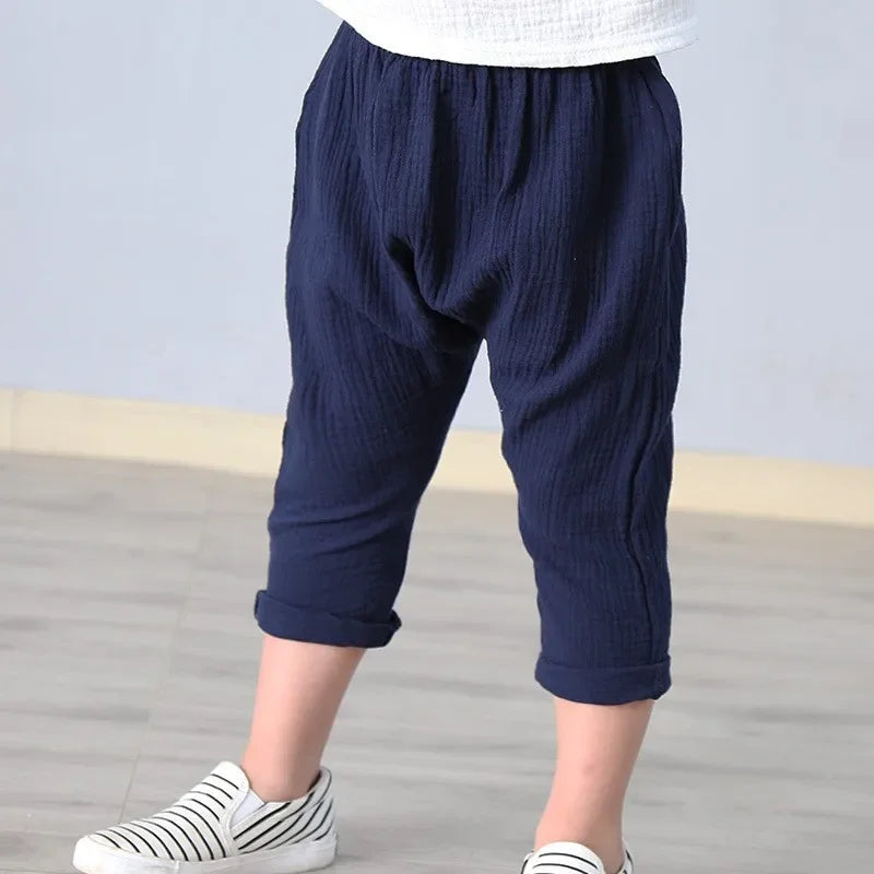 Kids Pants Boy Girl Summer Solid Color Linen Pleated Trousers Harem Pants