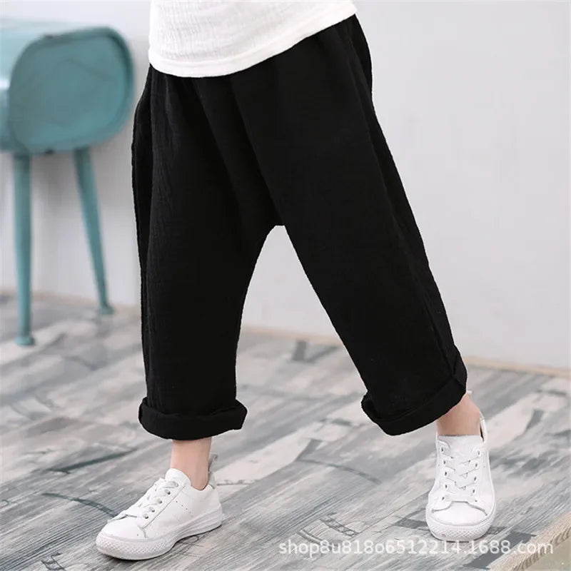 Kids Pants Boy Girl Summer Solid Color Linen Pleated Trousers Harem Pants