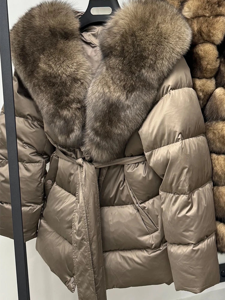 2025 New Natural Thick Warm 90% White Goose Down Coat Long Winter Jacket Women Real Big Fox Fur Collar Belt Loose Puffer Parka