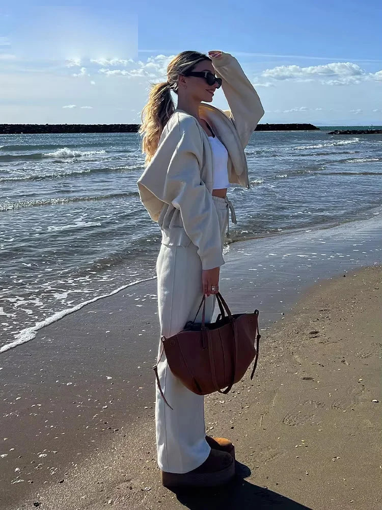 2024 Autumn Women's Thick Hoodie Coat + Drawstring High Waist Loose Casual Pants Set Lined Fleece Woman's Clothing Street
