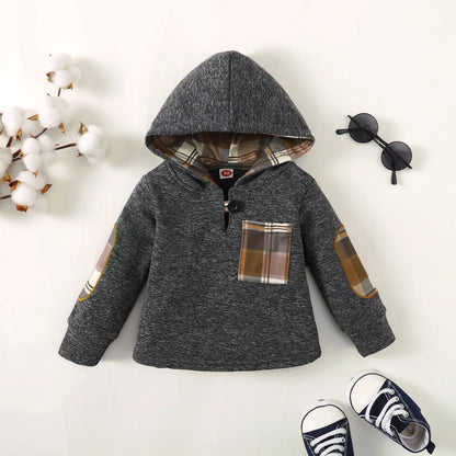 Winter Toddler  Boy    Hoodie Clothes  Baby  Outfits, Little Boys Plaid  Spliced  Long-Sleeved  With  Pants  2PCS  Clothing  Set