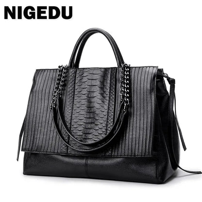 NIGEDU Brand Design Women Handbag Luxury Simple Crocodile Leather Handbags Chain Women's Shoulder Bag Black Big Totes Bolsas
