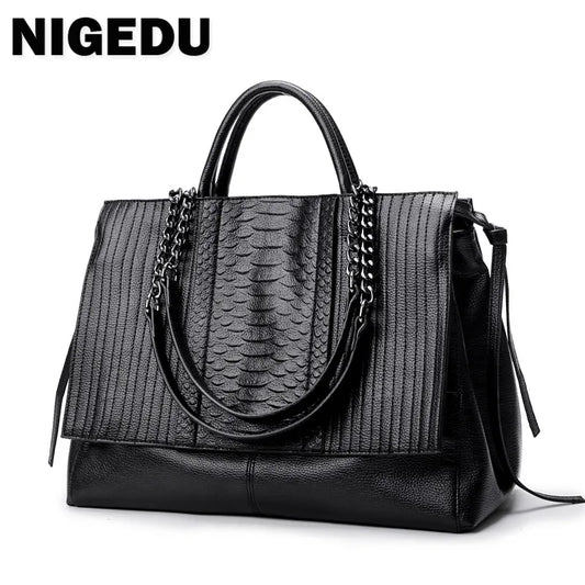 NIGEDU Brand Design Women Handbag Luxury Simple Crocodile Leather Handbags Chain Women's Shoulder Bag Black Big Totes Bolsas