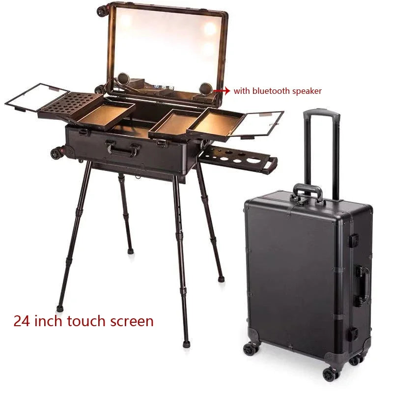 NEW Professional Rolling Cosmetic Case Beauty Makeup Trolley Suitcase LED Light Mirror Luggage Aluminum Frame Folding Table