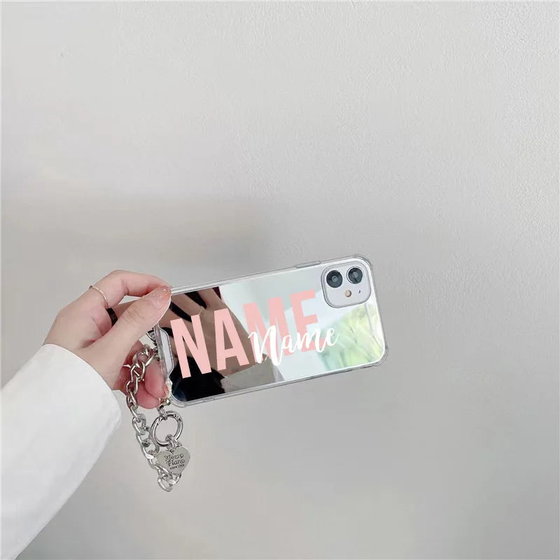 Personalisa Name Luxury Full Mirror Stap Case for Iphone 14 13 15 16 17 Pro Max 16 15 Plus Case Air Soft Shockproof Impact Cases