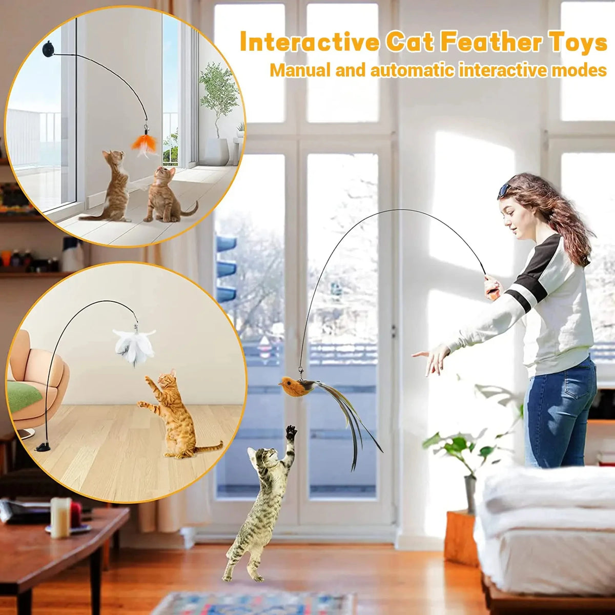 Cats Toys Feathers Wand Interactive Toy Kitten Toys With Super Suction Cup Detachable 2 PCS Feather Replacements Cat Accesorios