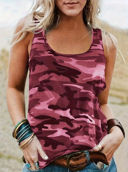 Camouflage Print O Neck Lady Vests Basic Elastic Tank Tops Casual Vintage Sleeveless Camisole Women's Clothing Summer 2024 Trend