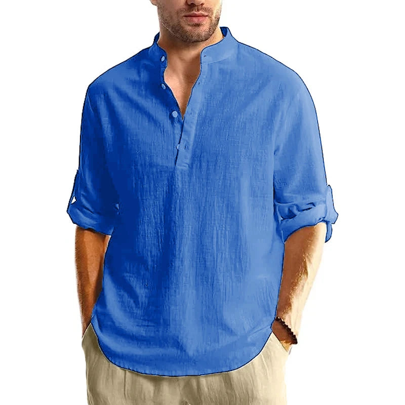 Men's Cotton Long Sleeve Henley Shirt Stand Collar Button Closure