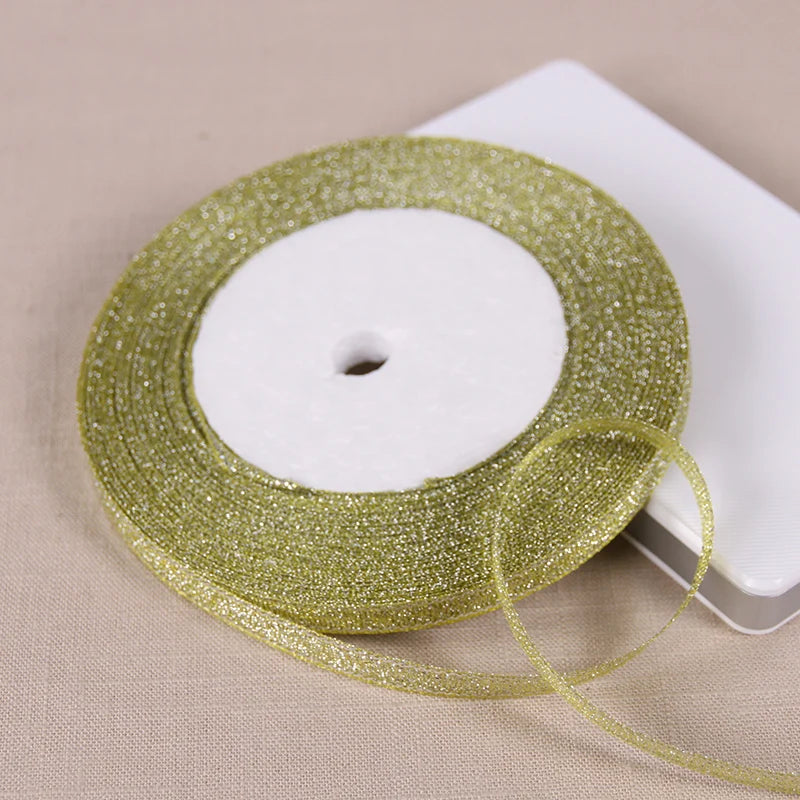 25Yards 6mm Silver Gold Glitter Silk Satin Ribbon Party Home Wedding Decoration Gift Wrapping Christmas Halloween DIY Material
