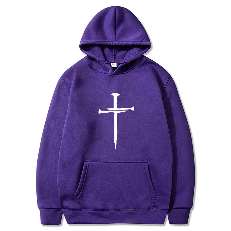Men's Cross Graphic Hoodie - Black Casual Pullover Sweatshirt With Religious Symbol Print, Fashion Streetwear for Autumn/Winter