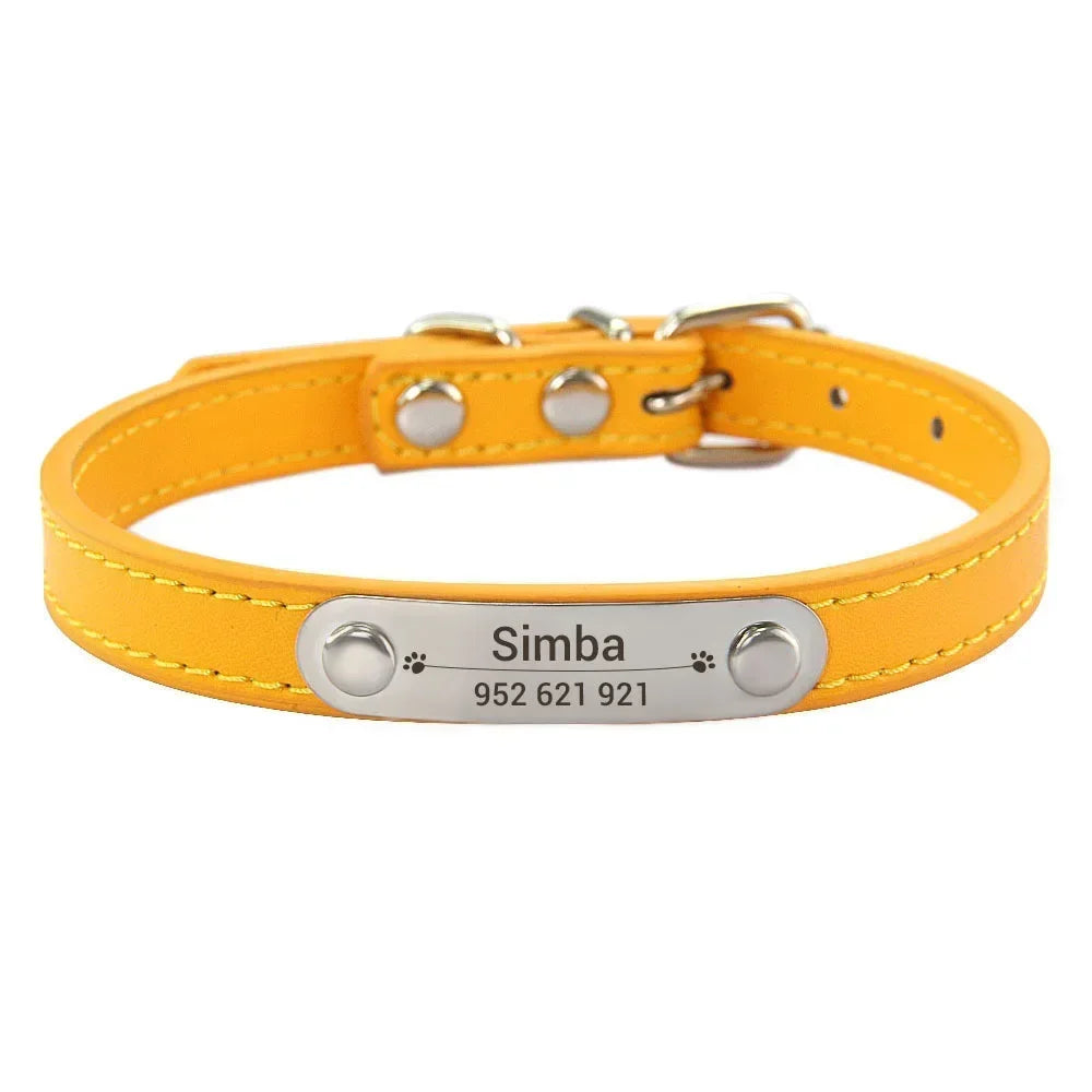 Personalized Dog Collar Name Carved ID Anti-Lost Solid PU Leather Collar for Small Medium Large Dogs Puppy Cat Pet Supplies Pink