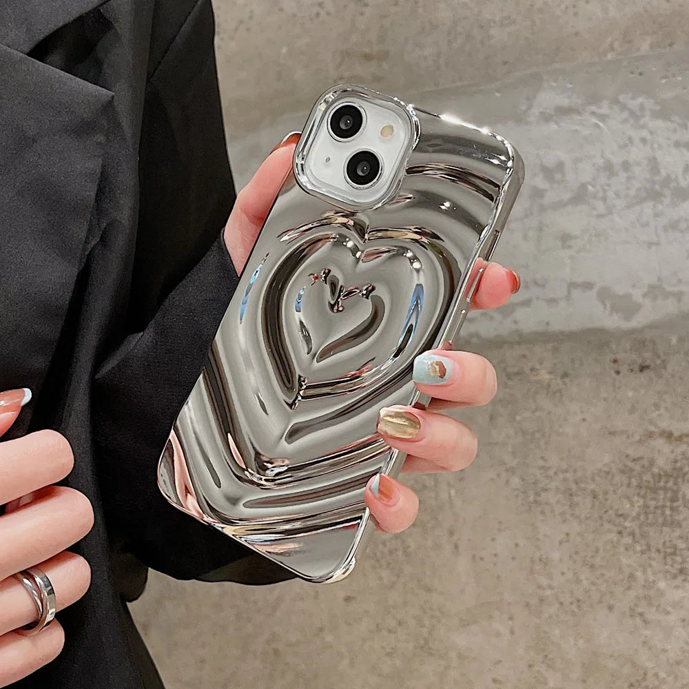 Luxury Electroplate Silver 3D Heart Water Ripple Phone Case for iPhone 14 13 12 11 15 Pro Max Cases Soft Silicone Shockproof